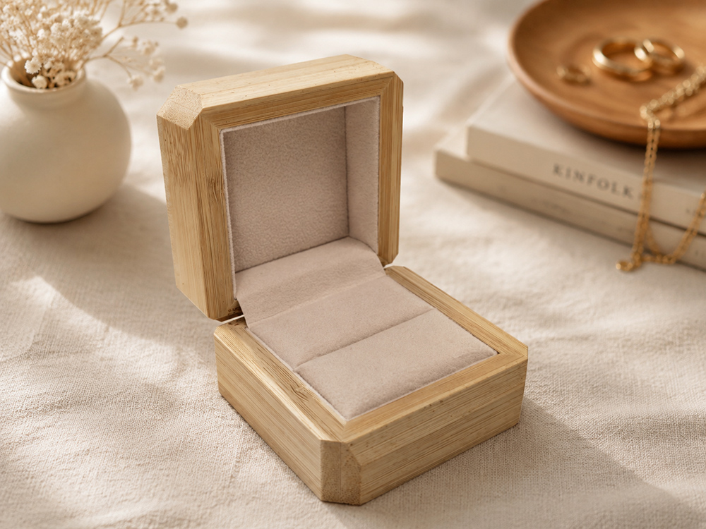 Light wooden jewelry box with a flocked interior and ring insert.