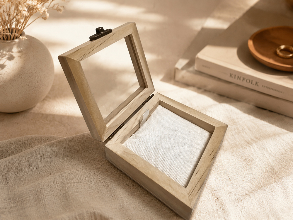 Wooden jewelry box with a light linen fabric interior.