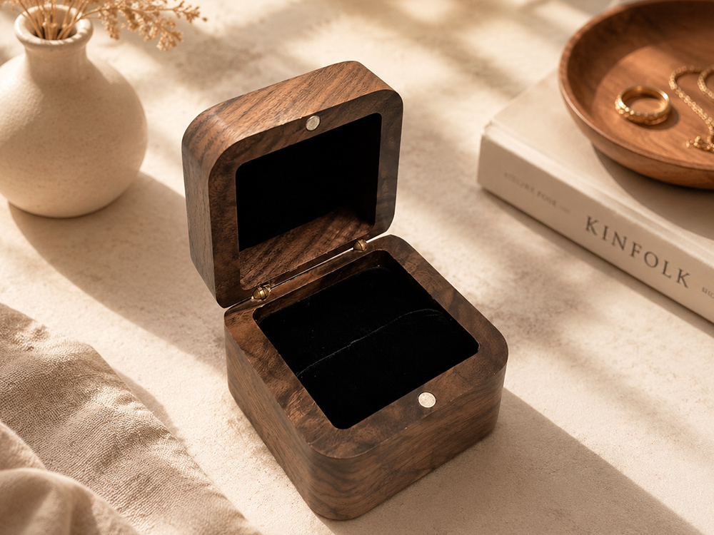 Walnut ring box with a black velvet lining and ring insert.