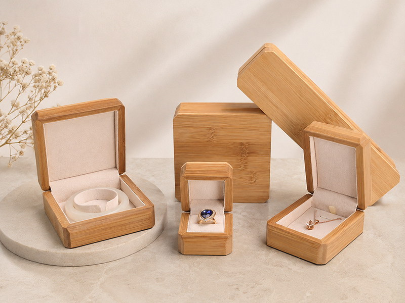 Bamboo Jewelry Set Box custom development direction Bamboo jewelry set box showing coordinated ring, earring, necklace and bracelet presentation.