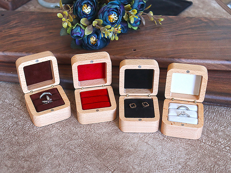 Beech Ring Box custom development direction Beech wooden ring boxes with light natural wood and contrasting velvet interiors.