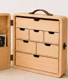 Customer reference screenshot showing the front of a wooden organiser with drawers and a carrying handle.