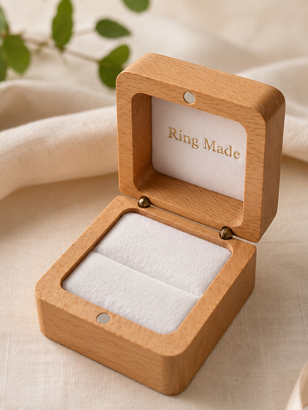 Wooden presentation box with a screen-printed floral design on a velvet-lined area.