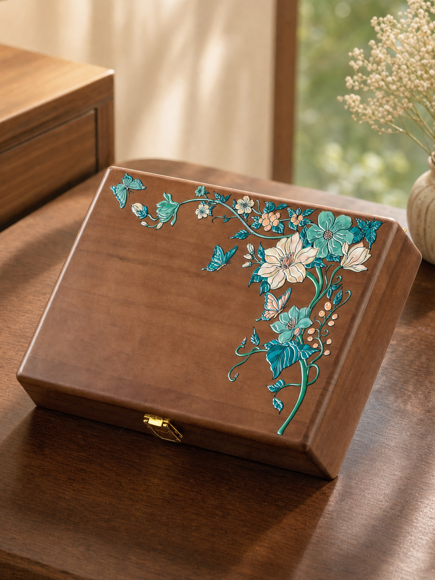 Walnut ring box with a directly printed logo on the lid.