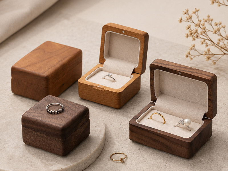 Walnut & Cherry Ring Box custom development direction Walnut and cherry ring box shown open and closed, with a two-tone wood presentation direction.