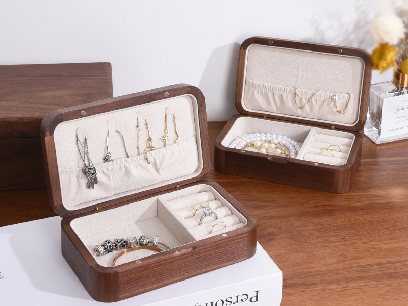 Walnut Jewelry Collection Box custom development direction Walnut jewelry collection box with divided compartments for ring, earring and accessory organization.