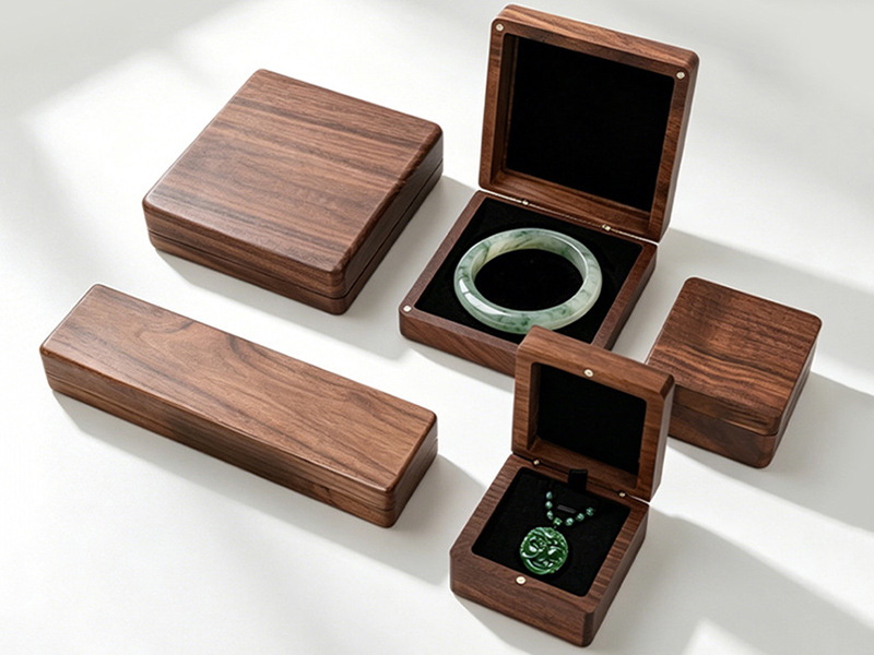 Walnut Jewelry Set Box custom development direction Walnut jewelry set box with coordinated ring, pendant and bracelet presentation compartments.