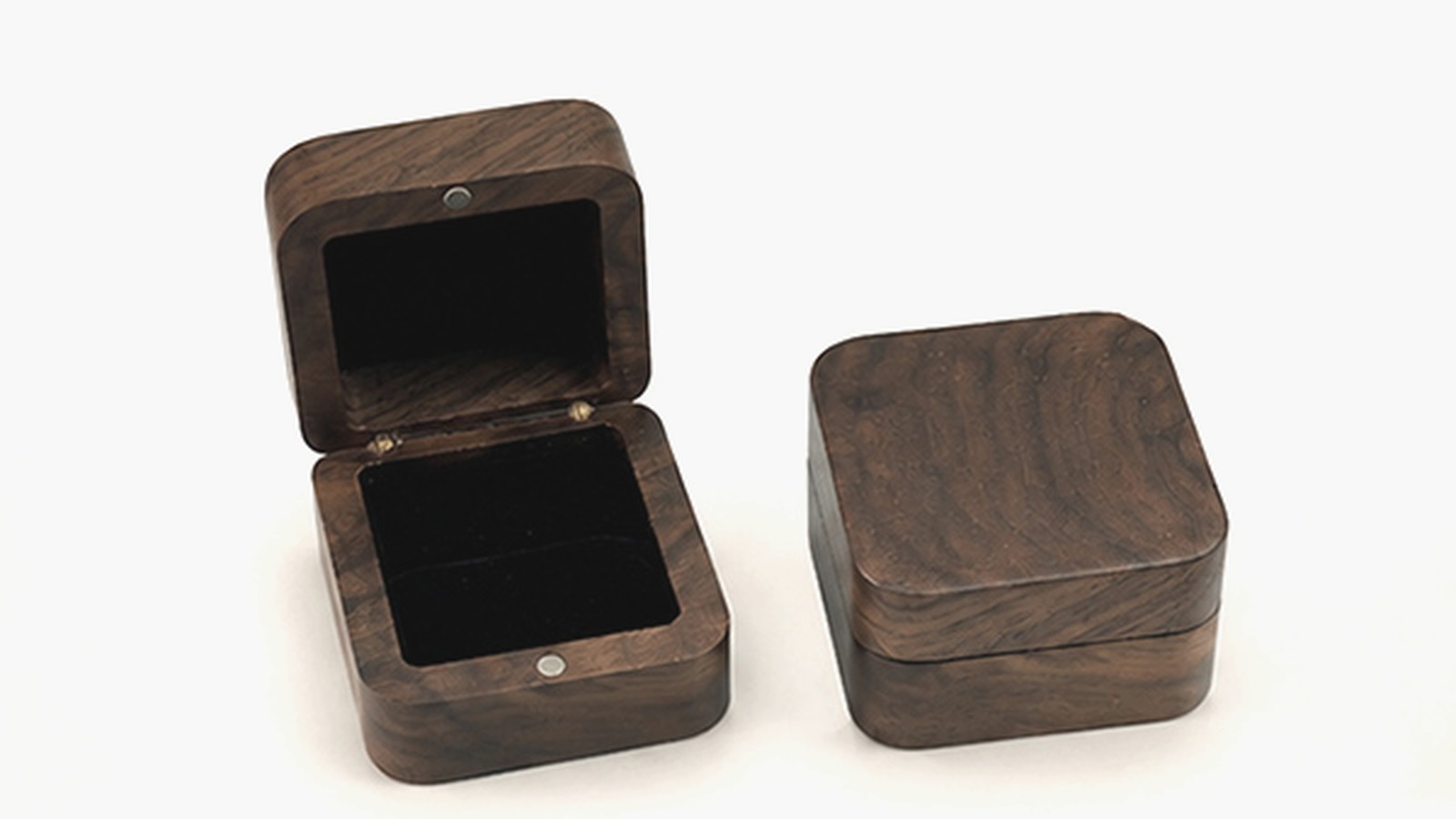Compact Ring Box custom ring box direction Walnut ring box direction shown open and closed with a dark lining.