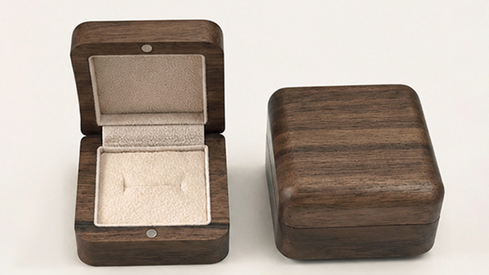 Light-Lined Presentation Ring Box custom ring box direction Walnut ring box direction shown open and closed with a light lining.